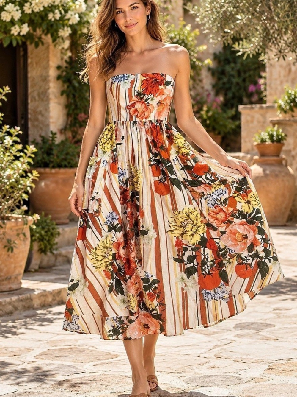 Maeve Strapless Floral Stripe Dress in Orange & White Size XS Like